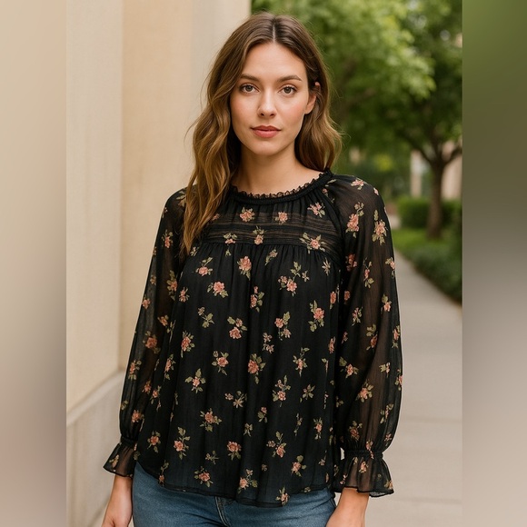 ModCloth Black Accentuated Ease Floral Metallic High Neck Long Sleeve Blouse, 4X - Picture 1 of 11